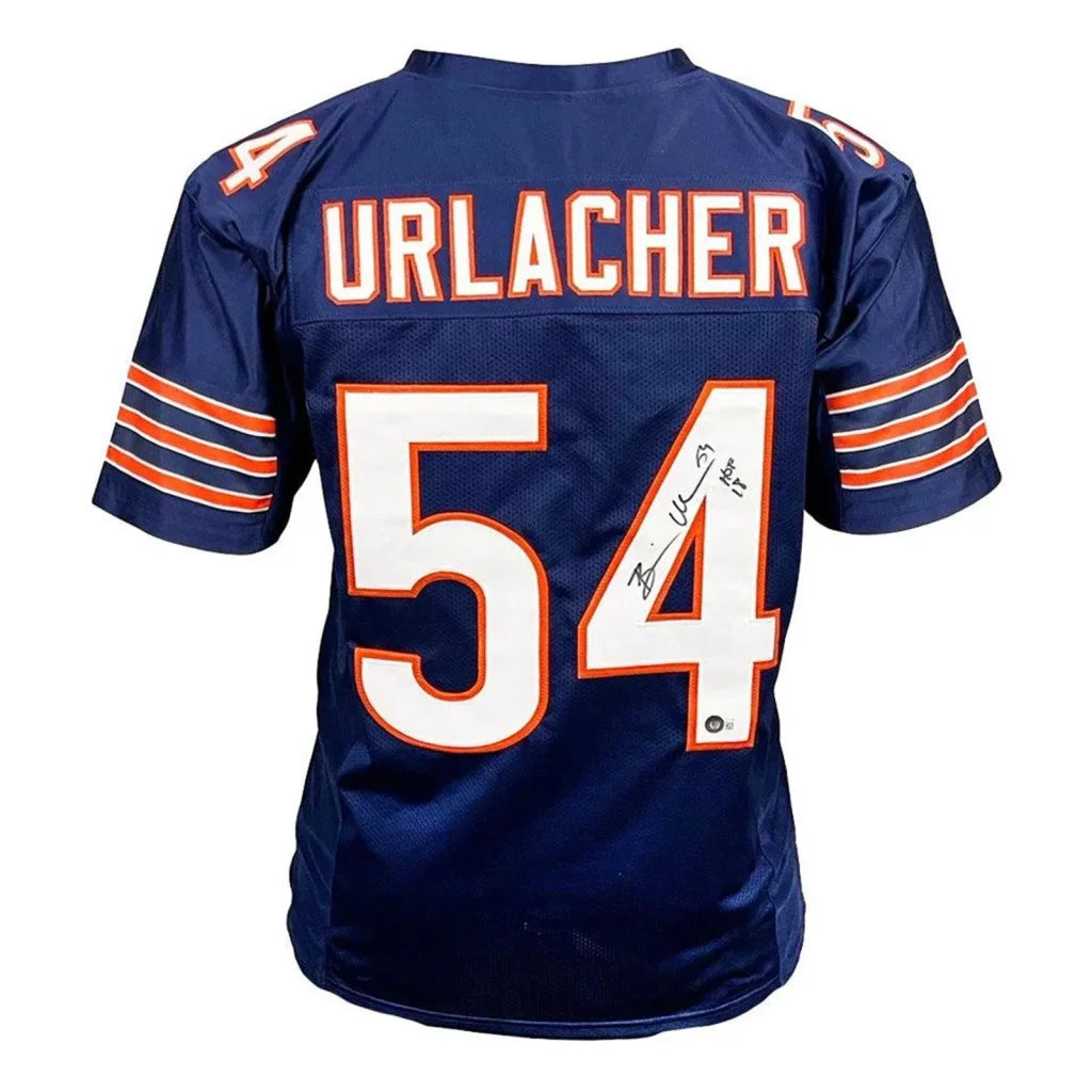 Back of autographed Chicago Bears Brian Urlacher blue #54 jersey with HOF 18