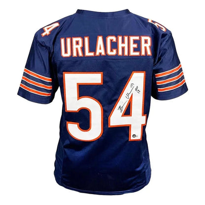 Back of autographed Chicago Bears Brian Urlacher blue #54 jersey with HOF 18