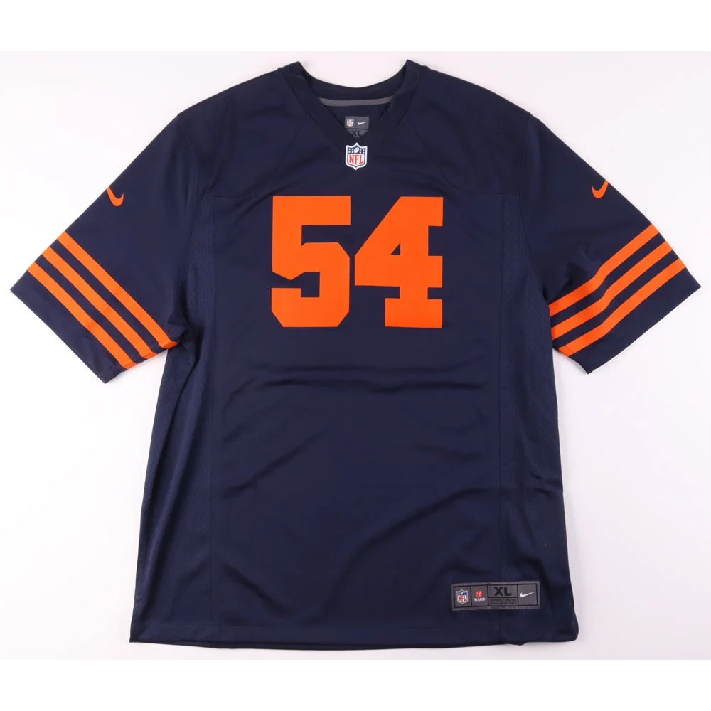 Navy blue Brian Urlacher Nike NFL jersey with orange 54 and stripes, authentic sports collectible