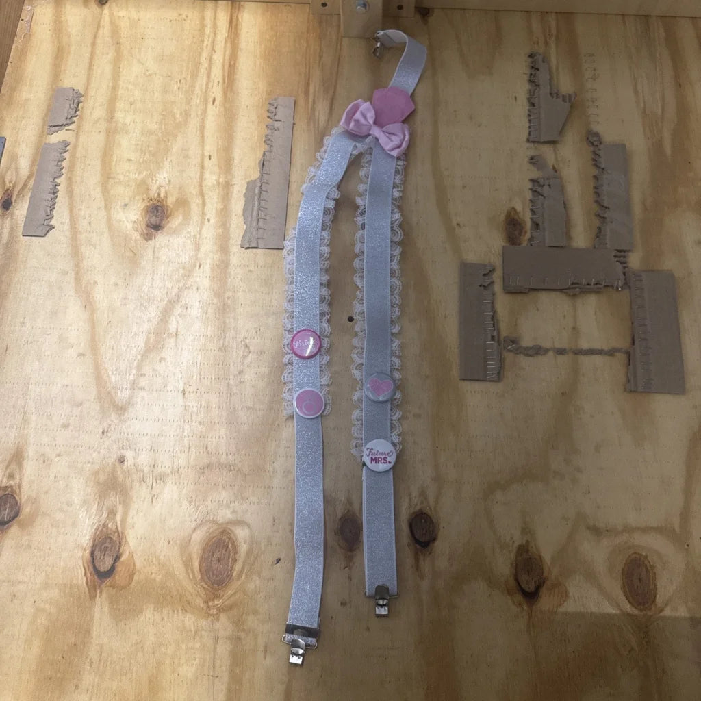 Delicate lavender lace bachelorette party garter suspender with pink buttons