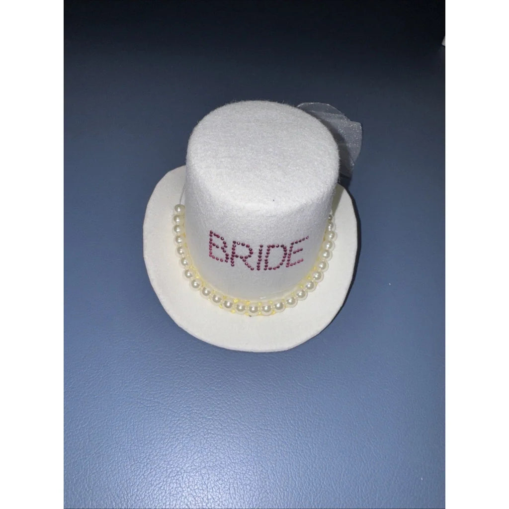 Bride mini hat fascinator with pearl necklace, rhinestone Bride text, tulle bow