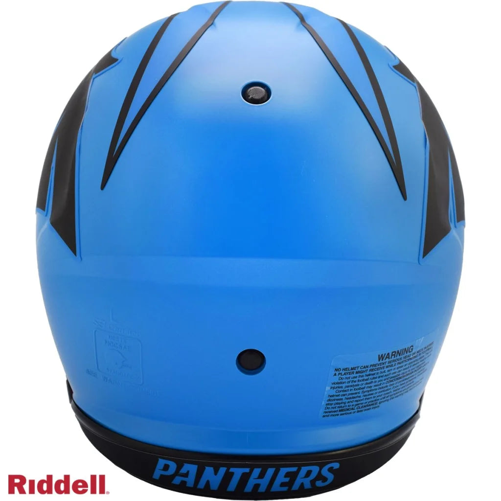Bright blue Riddell Panthers authentic football helmet with black angular stripes and matte finish