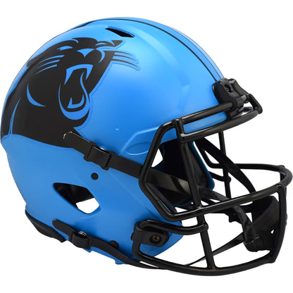 Bright blue Carolina Panthers authentic football helmet with black panther logo