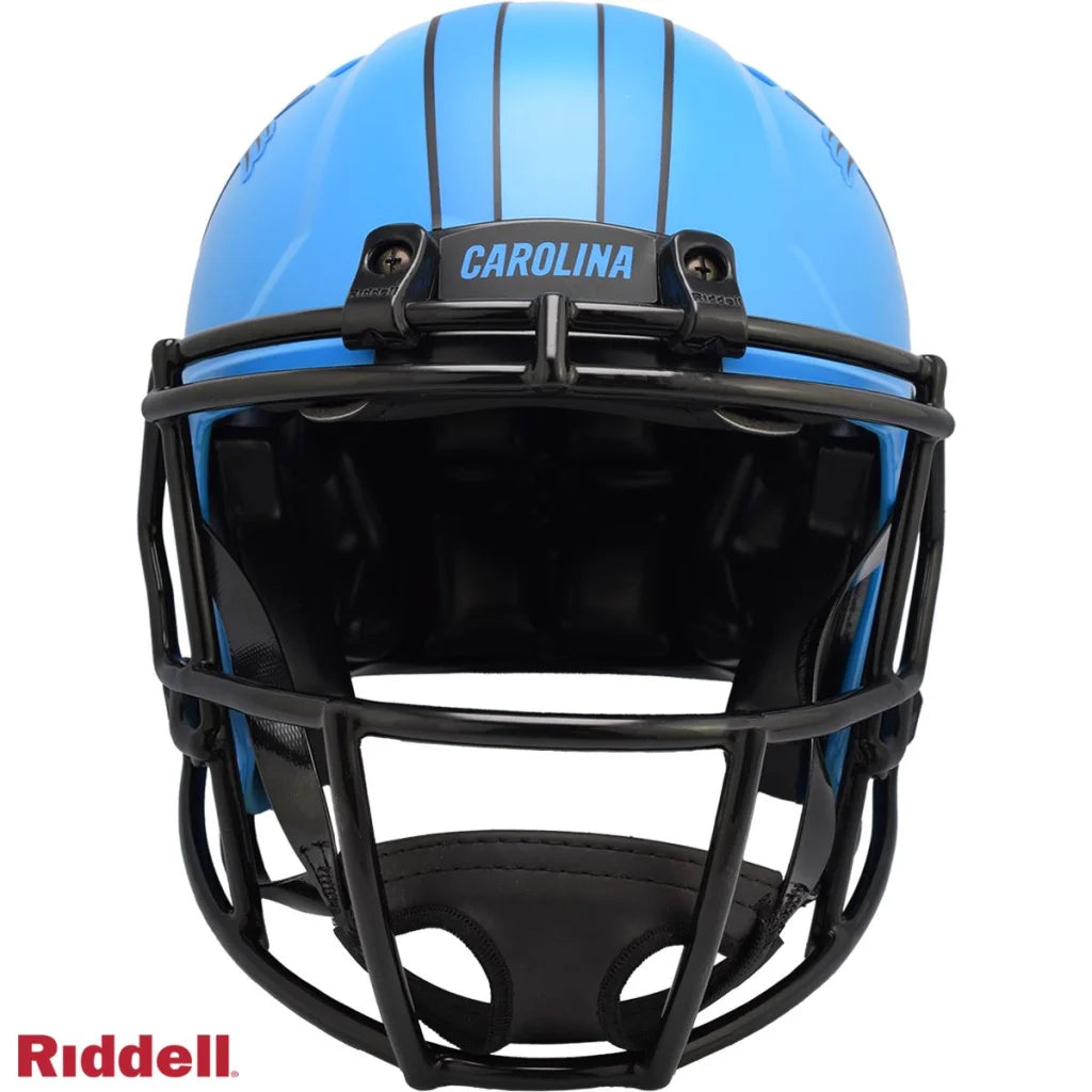 Light blue Carolina Panthers authentic football helmet with black stripes