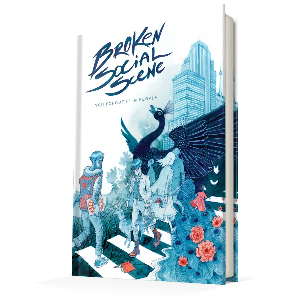 Blue and white Broken Social Scene peacock book cover