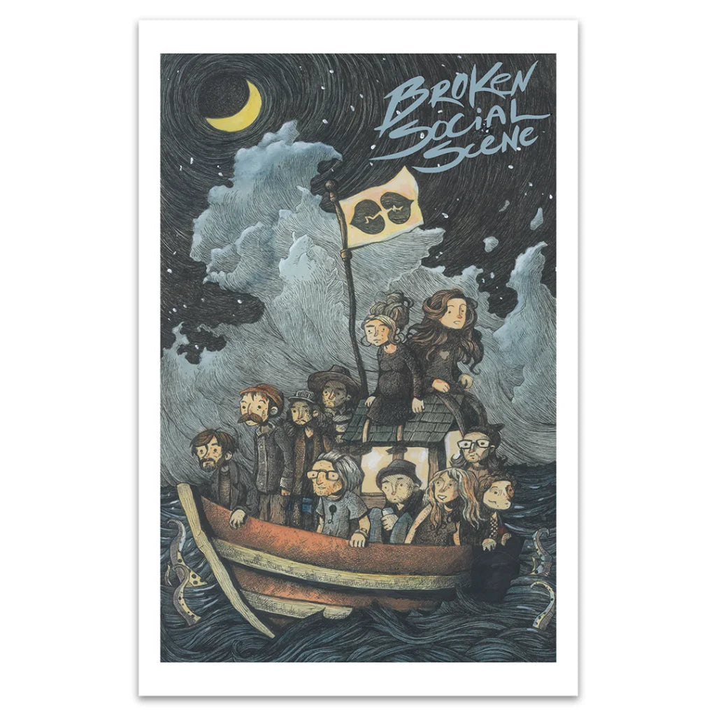 Art print of a boat under a crescent moon for Broken Social Scene deluxe hardcover
