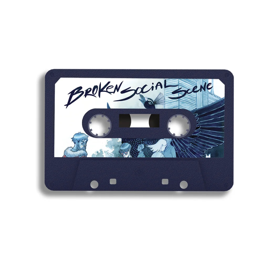 Dark blue audio cassette tape with a white and blue social scene illustrated label