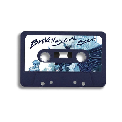 Dark blue audio cassette tape with a white and blue social scene illustrated label