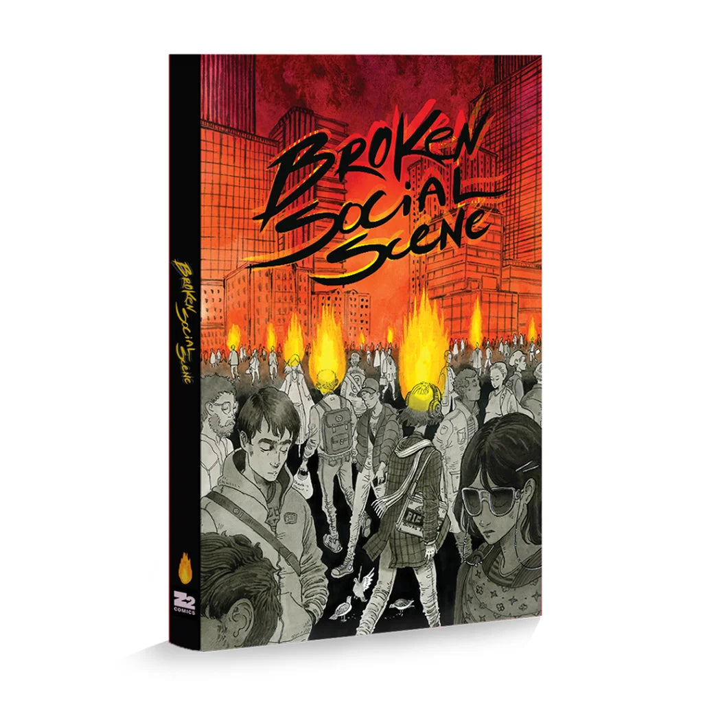 Vibrant Broken Social Scene graphic novel cover with a city crowd and burning heads
