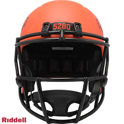 Matte orange and black Riddell replica football helmet with protective face mask
