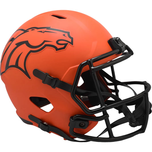 Bold orange Broncos replica football helmet with black visor and logo