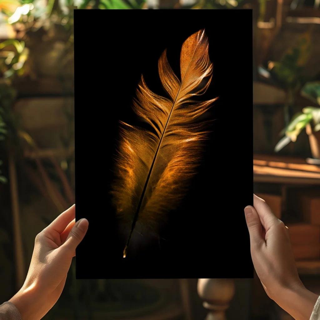 Golden feather photo on black canvas held by hands, aluminum wall art
