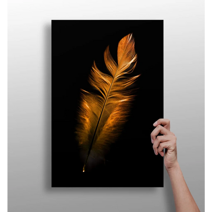 Golden feather art print on black canvas wall decor