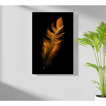Golden feather on black aluminum print wall art