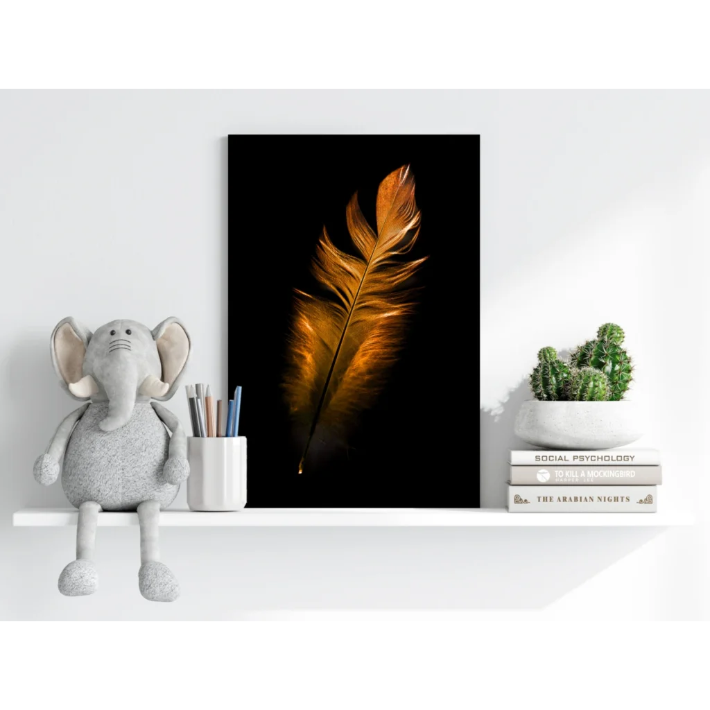 Golden feather on black aluminum print wall art