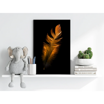 Golden feather on black aluminum print wall art