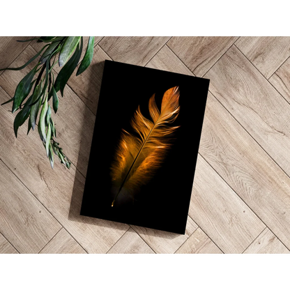 Golden feather on black aluminum print wall art