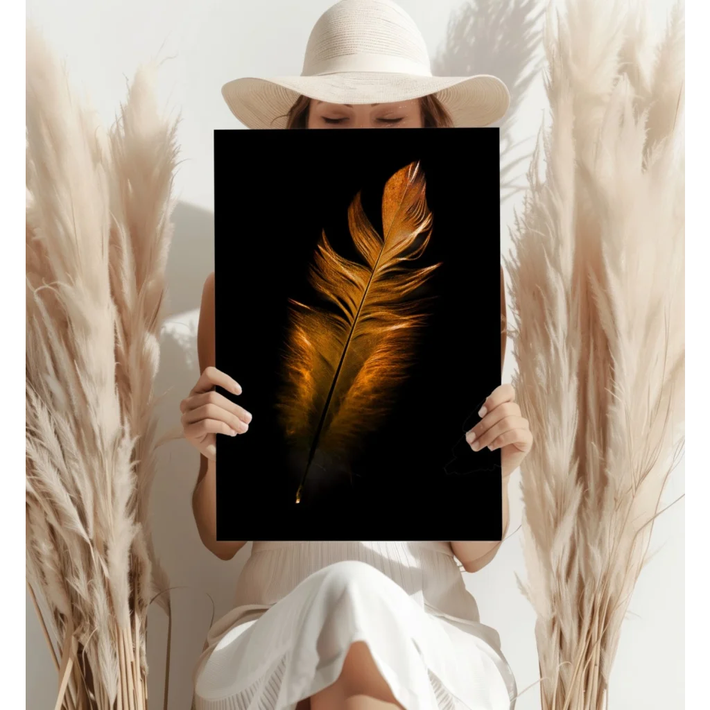 Luminous golden feather on black aluminum print wall art