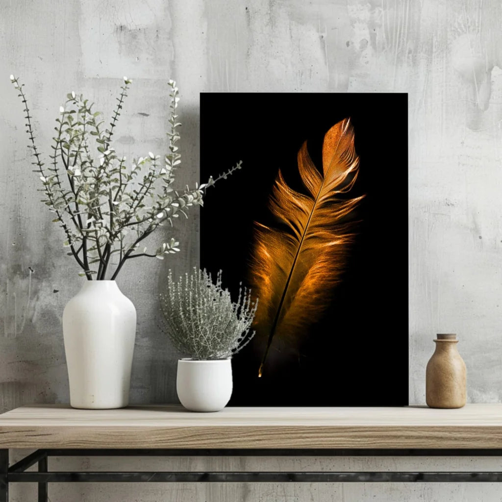 Golden feather photo on black aluminum wall art print