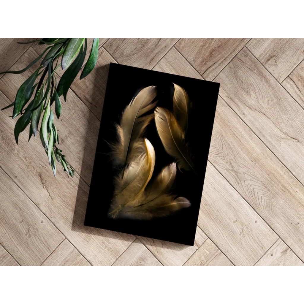 Golden feathers on black canvas insigne aluminum print