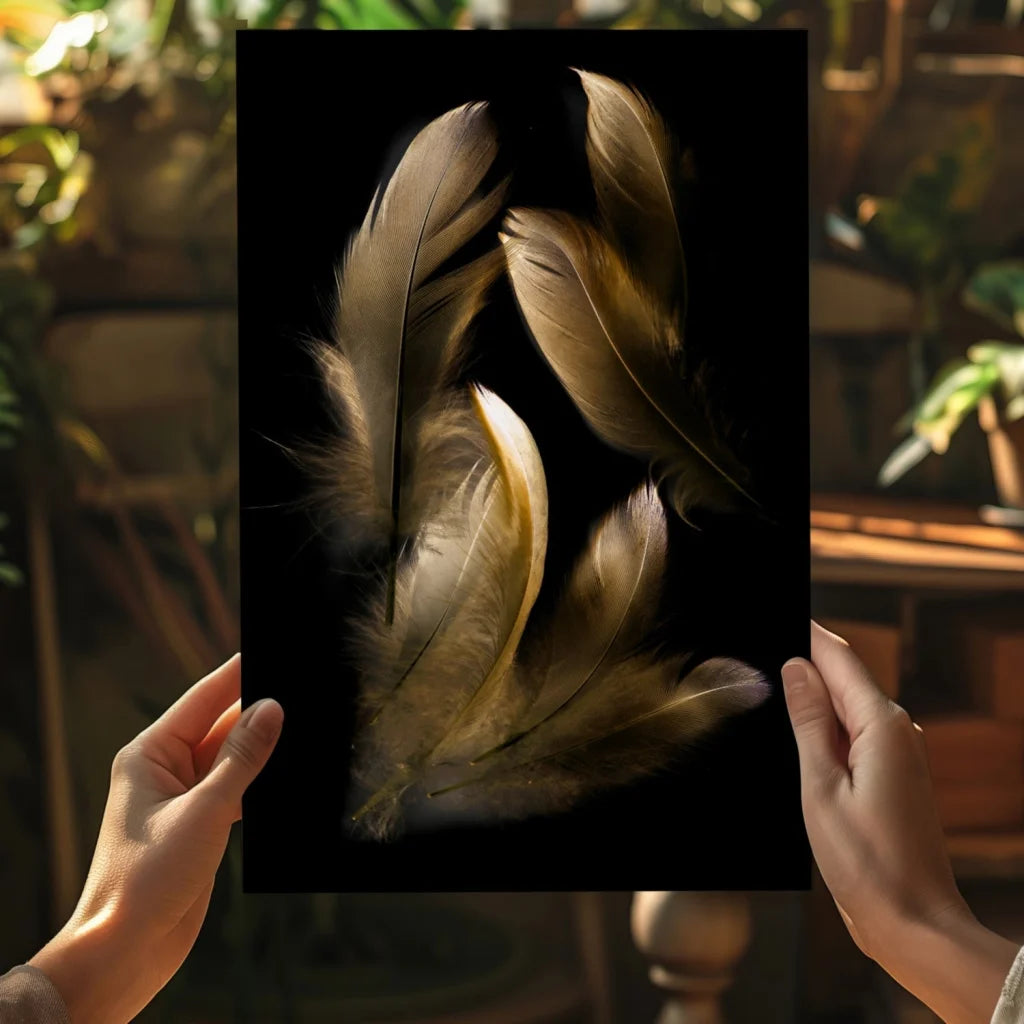 Golden feathers insigne aluminum prints on black canvas wall art