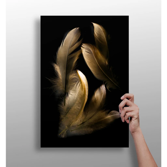 Golden feathers insigne aluminum prints on black canvas wall art