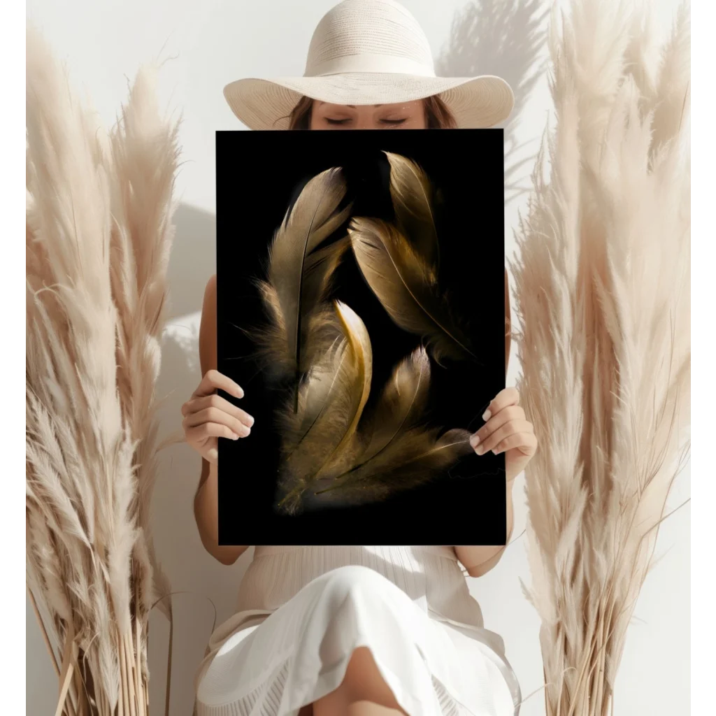 Golden feathers insigne aluminum prints on black canvas wall art
