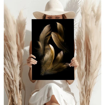 Golden feathers insigne aluminum prints on black canvas wall art