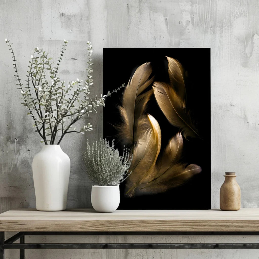 Golden feathers on black-framed insigne aluminum print