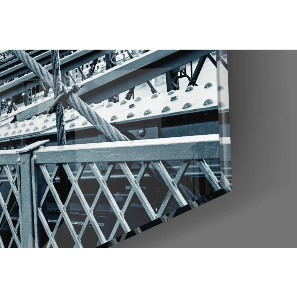 Brooklyn Bridge steel railing with diamond lattice and ropes, black and white wall art