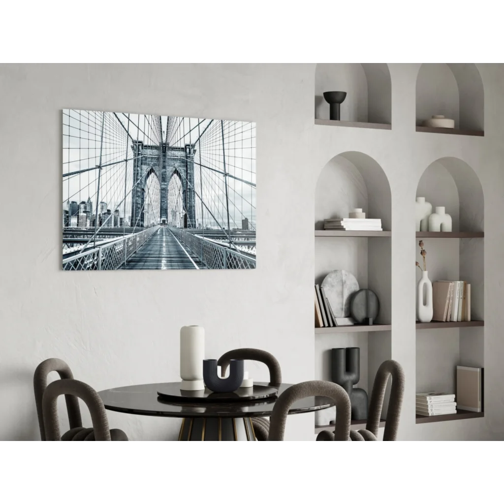 Black-and-white Brooklyn Bridge canvas wall art on wall