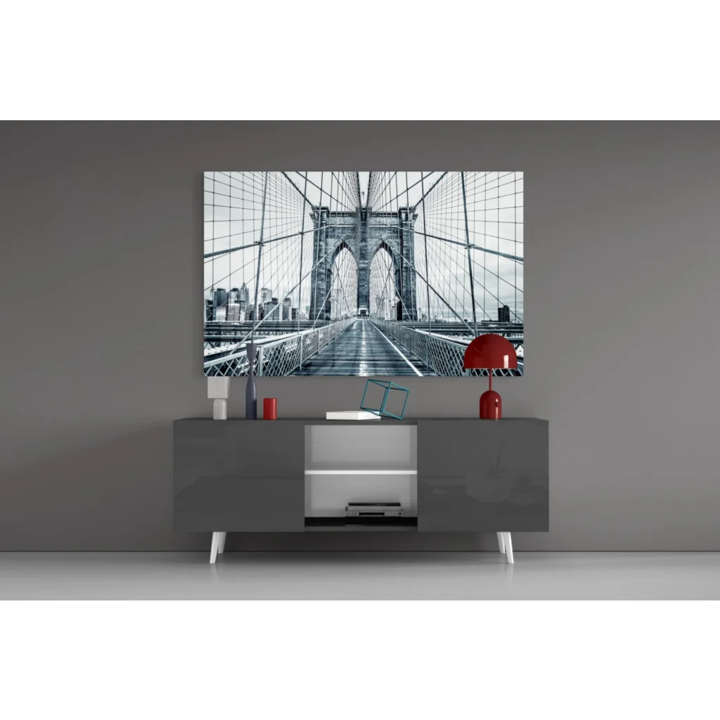 Black-and-white Brooklyn Bridge canvas wall art on gray console