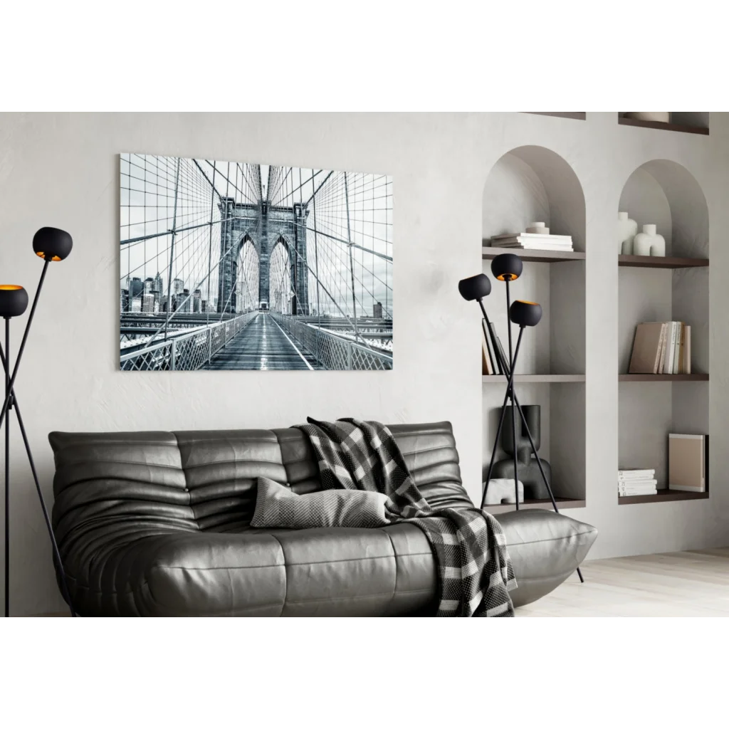Black-and-white Brooklyn Bridge canvas wall art on wall