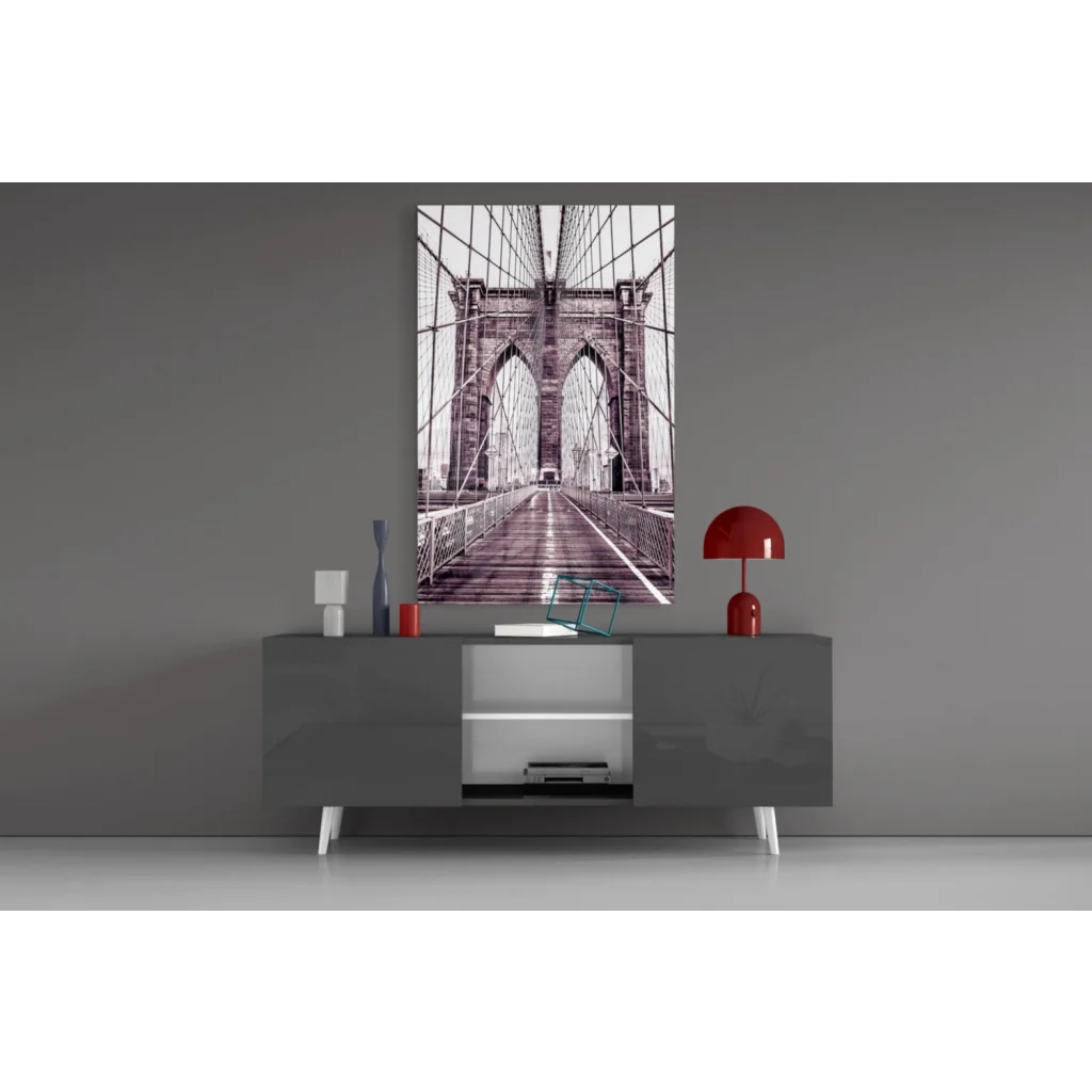 Black-and-white Brooklyn Bridge canvas wall art on gray wall