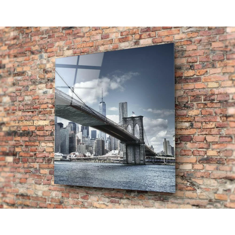 Black-and-white Brooklyn Bridge and Manhattan skyline glass wall art