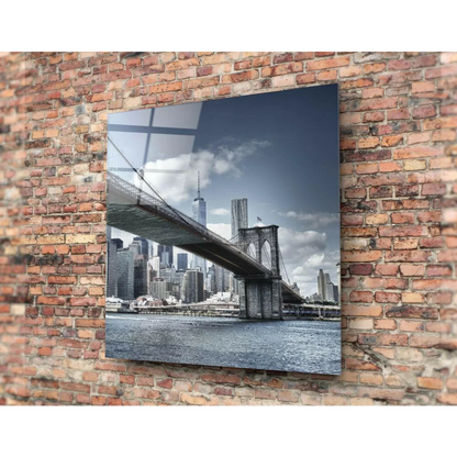 Black-and-white Brooklyn Bridge and Manhattan skyline glass wall art