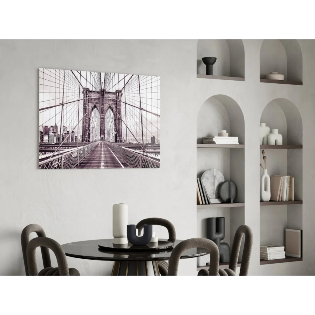 Black-and-white Brooklyn Bridge photo on purple tint glass wall art