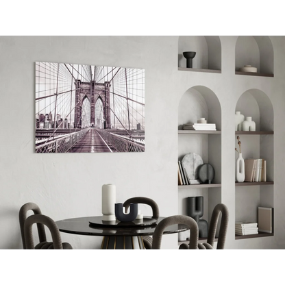 Black-and-white Brooklyn Bridge photo on purple tint glass wall art