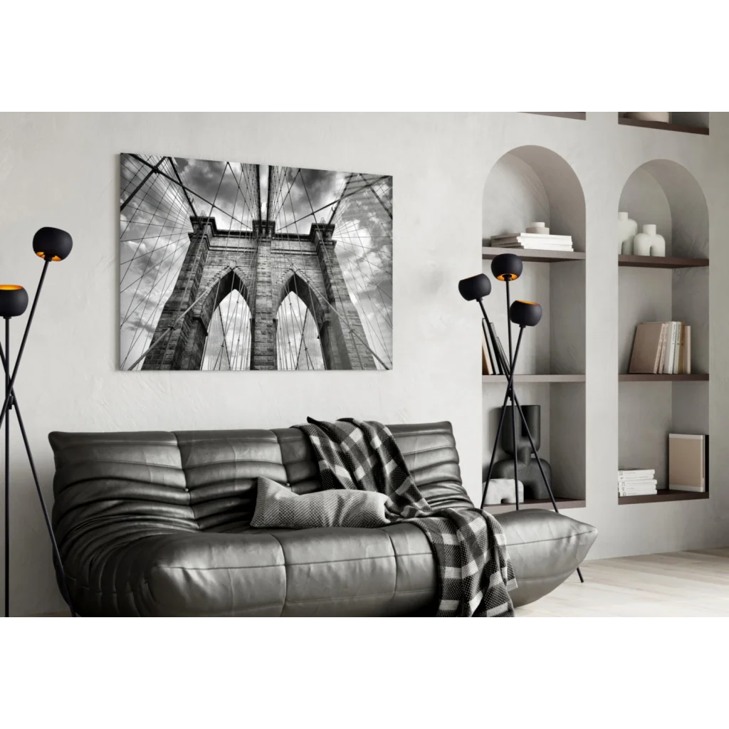 Black and white Brooklyn Bridge glass wall art print on canvas