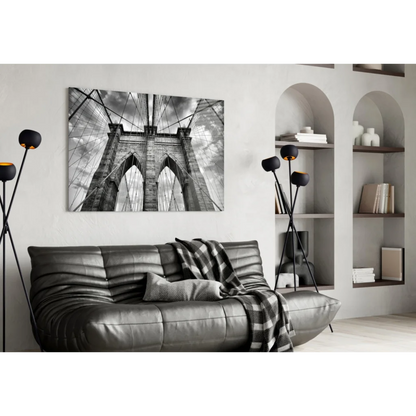 Black and white Brooklyn Bridge glass wall art print on canvas