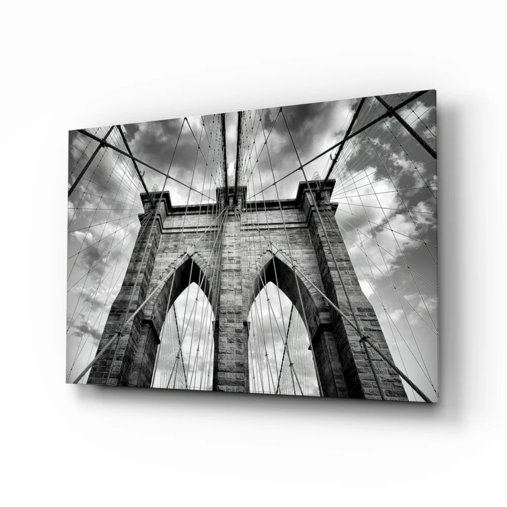 Black-and-white Brooklyn Bridge glass wall art canvas print