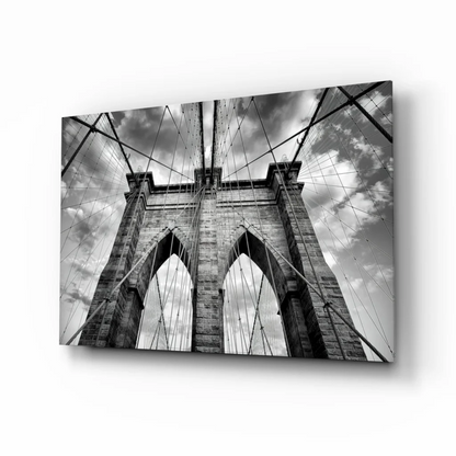 Black-and-white Brooklyn Bridge glass wall art canvas print