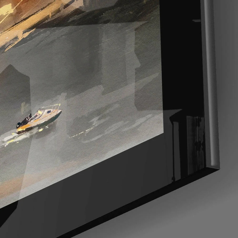 Stylized glass wall art of boat on water in muted grays with yellow accents