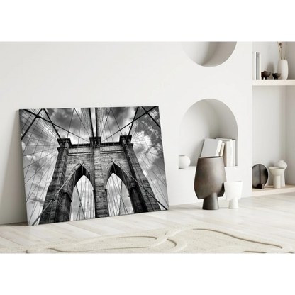 Black-and-white Brooklyn Bridge glass wall art print