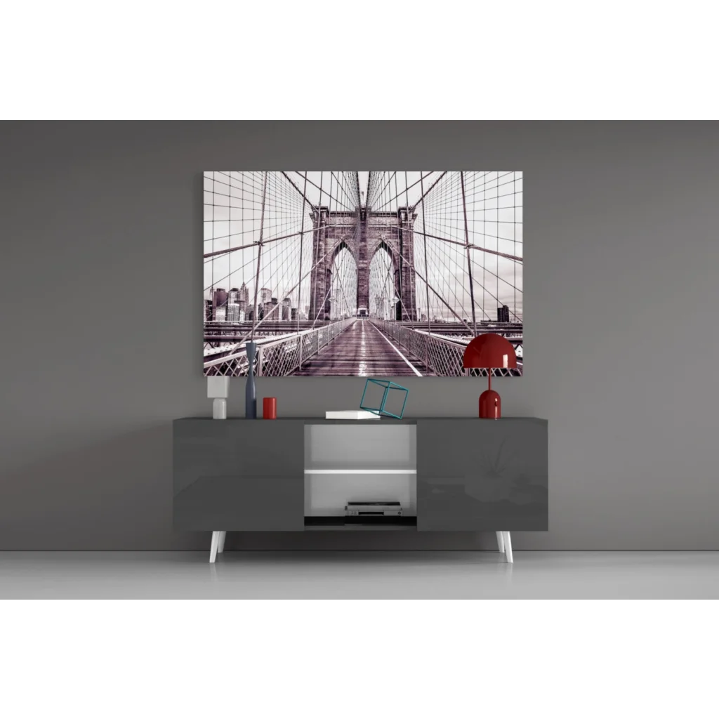Black-and-white Brooklyn Bridge canvas wall art print on gray wall
