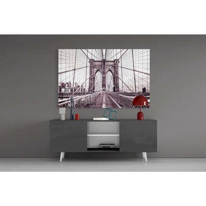 Black-and-white Brooklyn Bridge canvas wall art print on gray wall