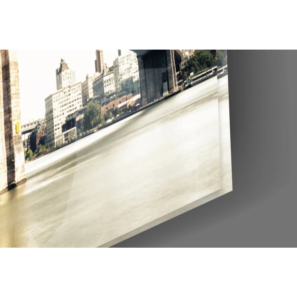 Sleek Brooklyn Bridge sepia glass wall art print with cityscape
