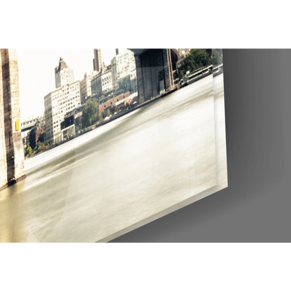 Sleek Brooklyn Bridge sepia glass wall art print with cityscape