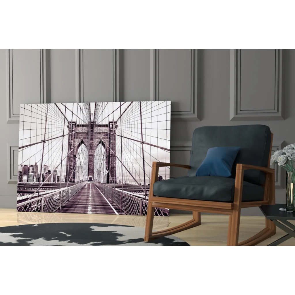 Brooklyn Bridge purple tint canvas wall art print on wall