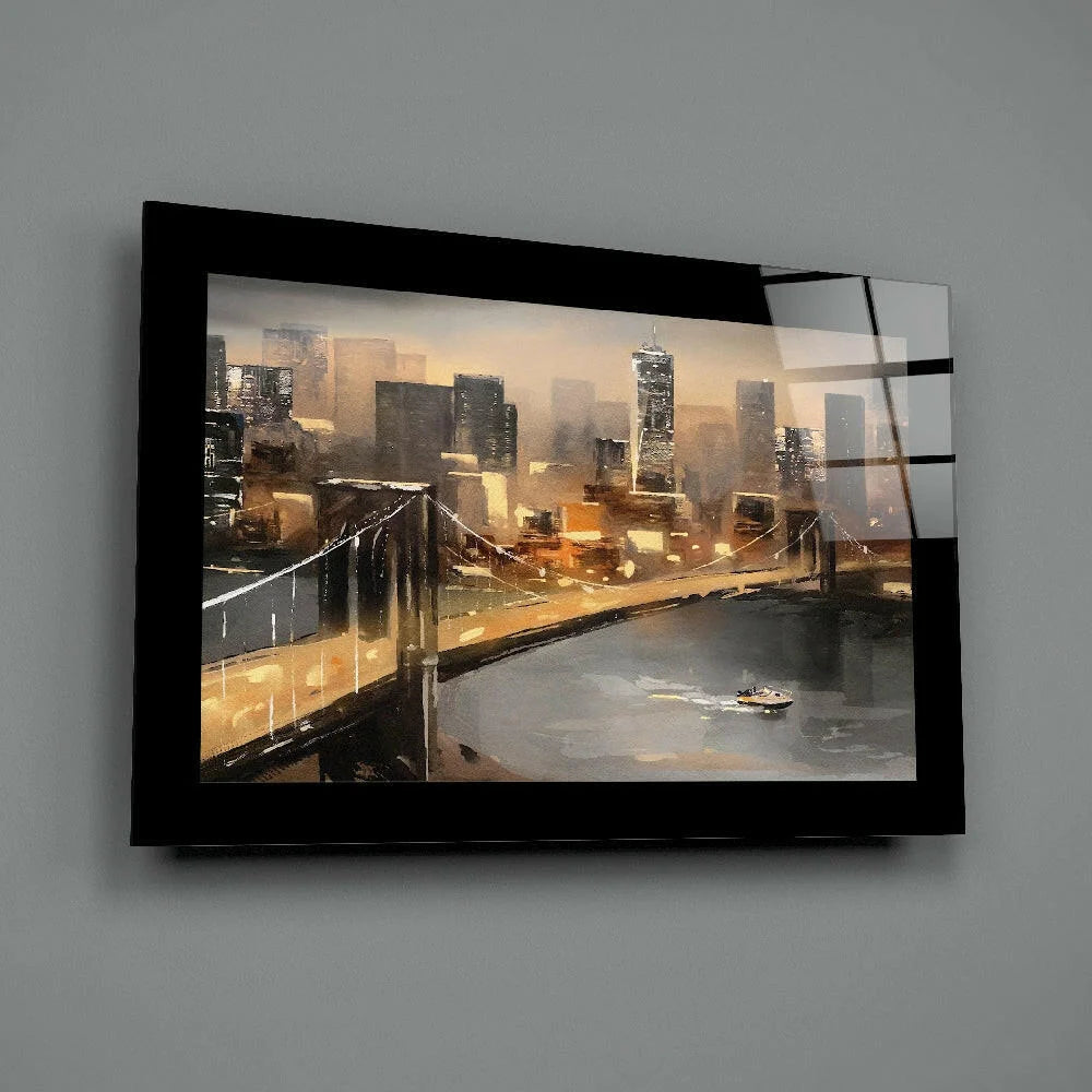 Stunning glass wall art with black-framed cityscape bridge and warm skyline lighting